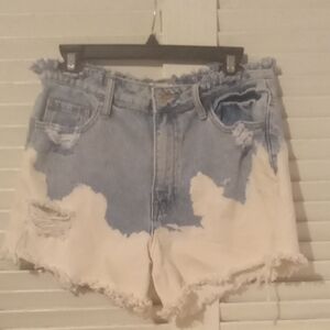 Two-Tone Light Blue and White Distressed Denim Shorts